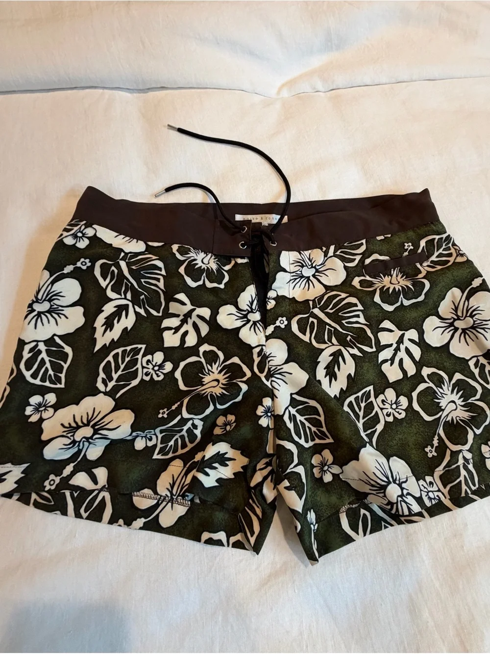 Parke & Ronen Brown & Green Floral Swim Shorts with White Accents